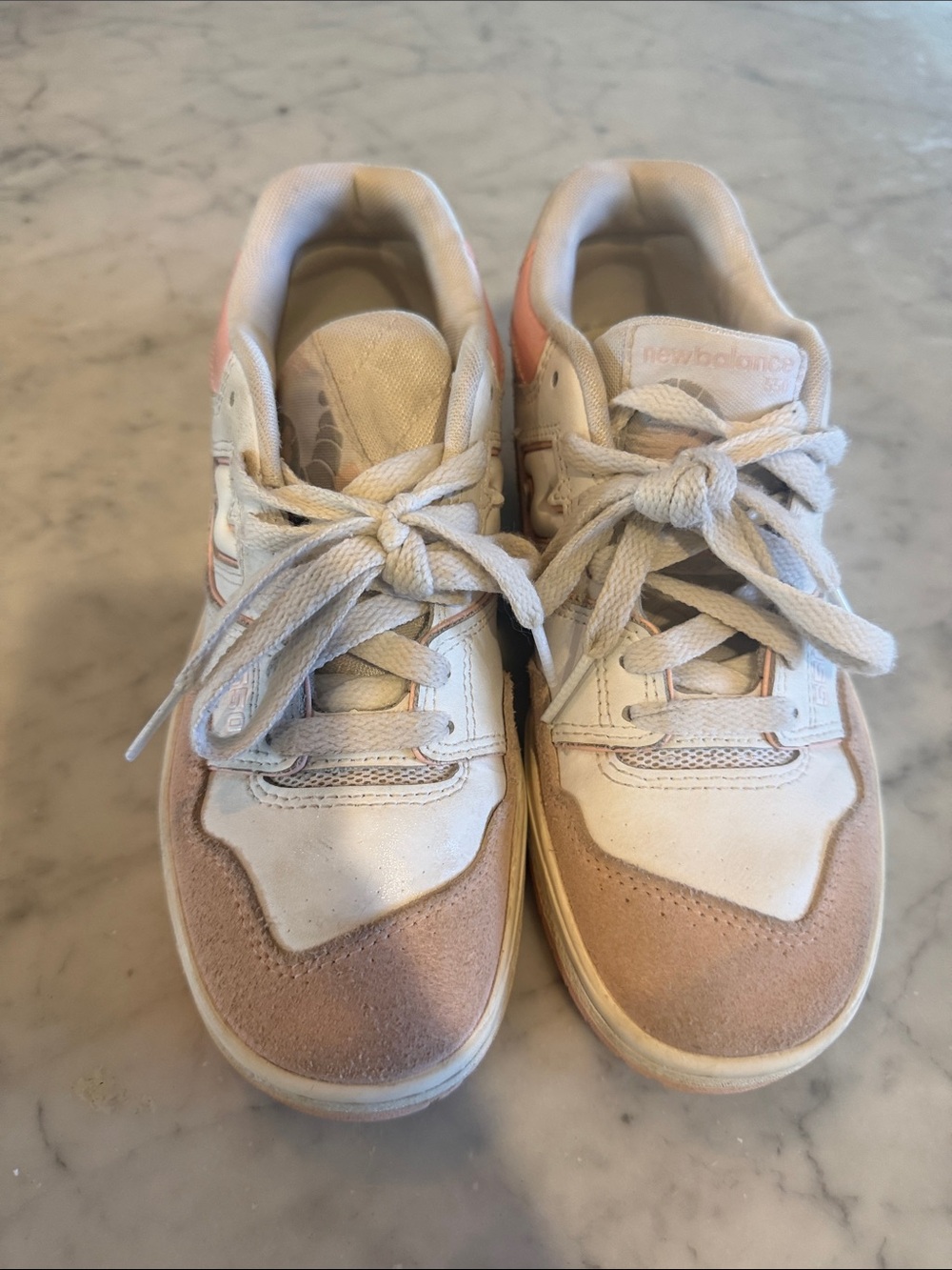 New Balance White and Blush Suede Leather Sneakers